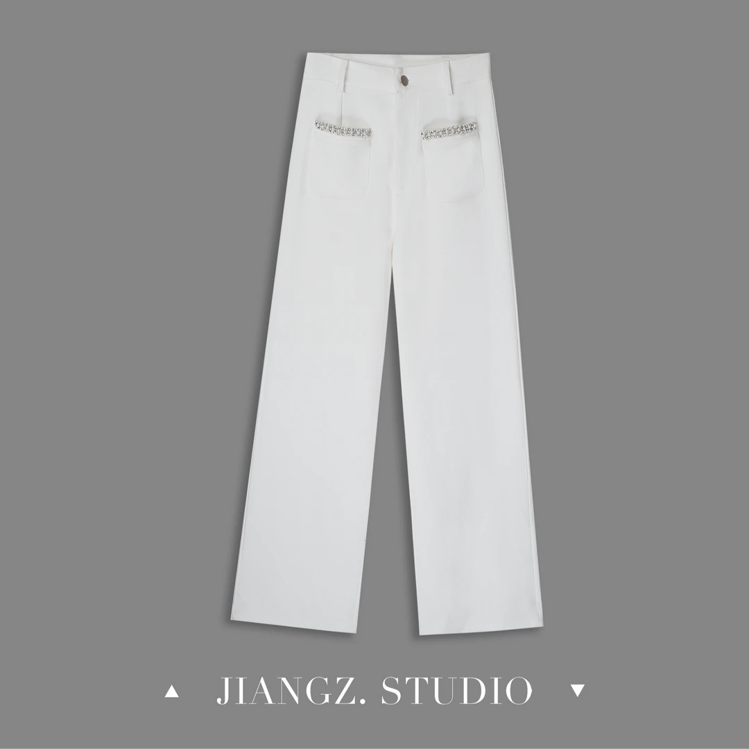 panii【明珠】夏季新款显瘦高腰轻奢手工钉珠垂感窄版直筒休闲裤