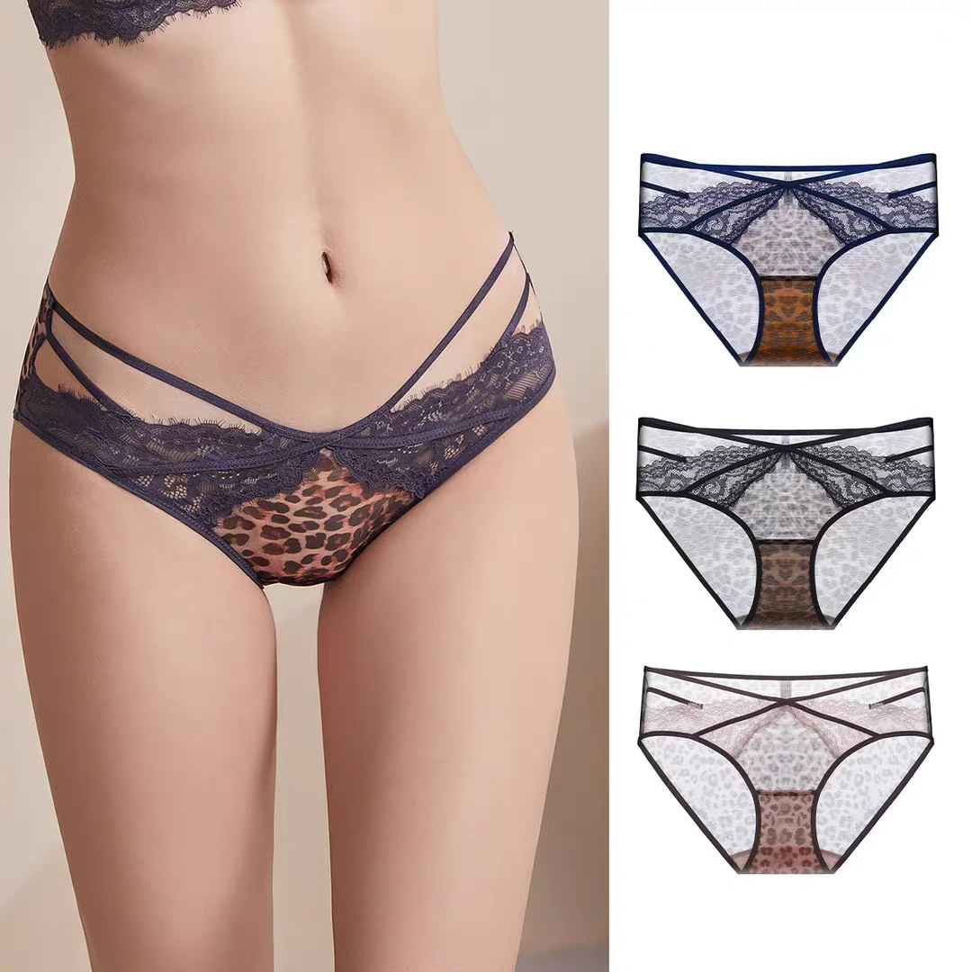 新款豹纹睫毛蕾丝内裤女士 性感镂空中腰轻薄透气舒适棉底裆