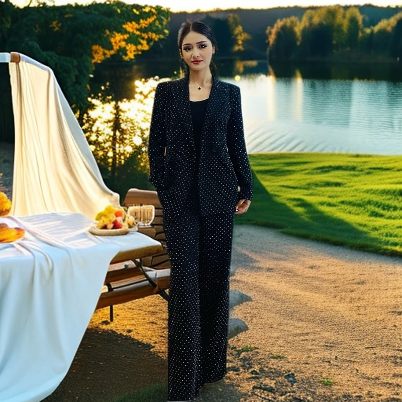 时尚西装套装女高级感烫钻设计西服外套阔腿裤两件套复古西装