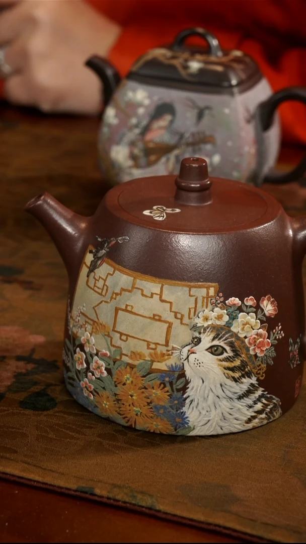 茶壶紫砂紫泥簪花猫汉铎壶