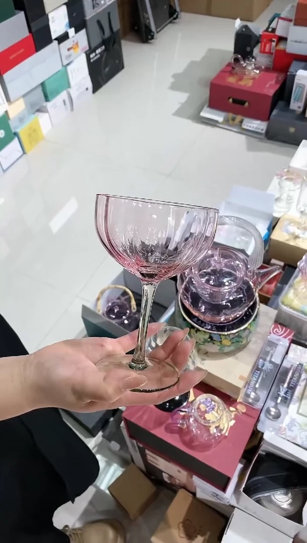 【闪购商品】绿足粉色花口水晶酒杯甜品杯