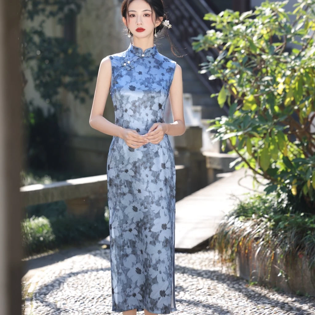 【风清余】2025春款新出炉醋酸抓花日常气质无袖中长款古旗袍