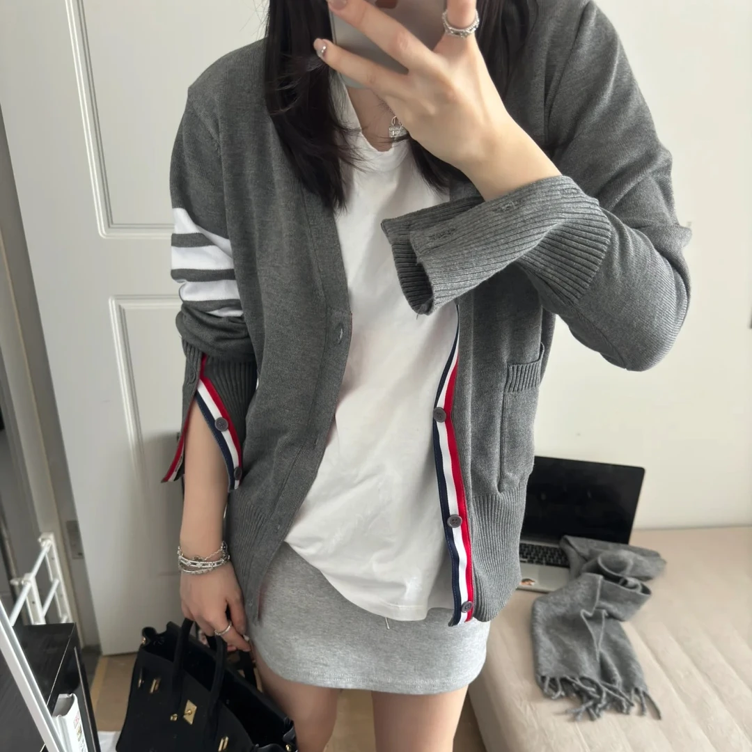 楠妹定制 经典四条杠撞色开衫男女同款春秋宽松慵懒外套上衣