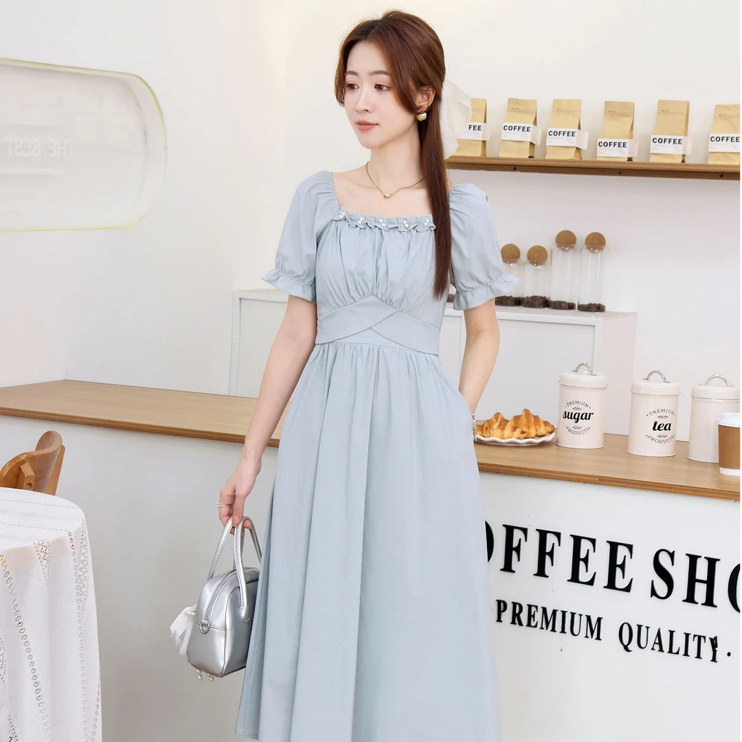 【依诗嫚】夏季新款气质方领钉珠收腰显瘦有口袋A字裙连衣裙(2)