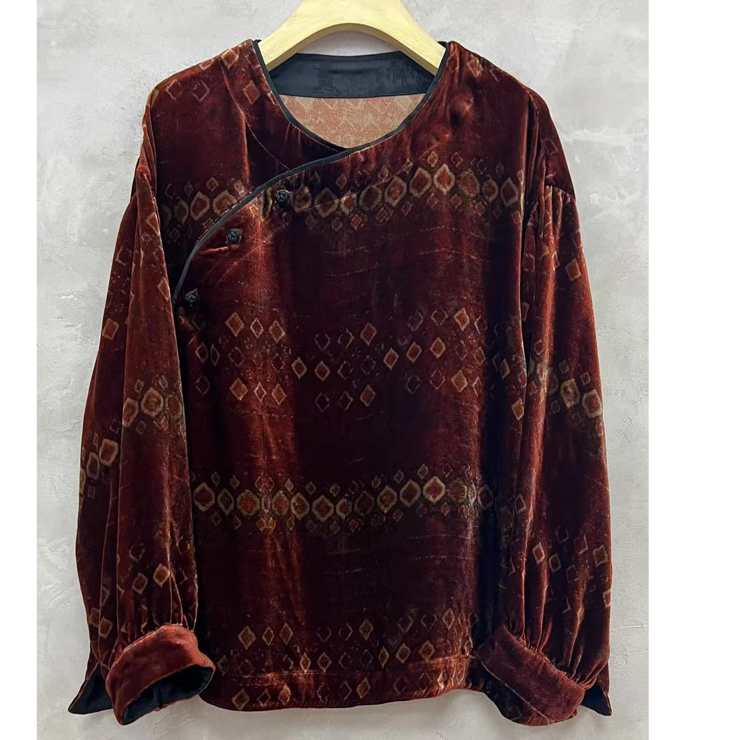 西子分享 3796 古蘭木 金丝绒 花色 圆领斜襟 新中式【上衣】