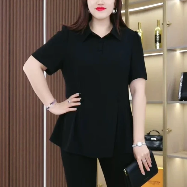 丹思慕2025大码女装夏季新款气质显瘦百搭收腰翻领上衣ZB6845