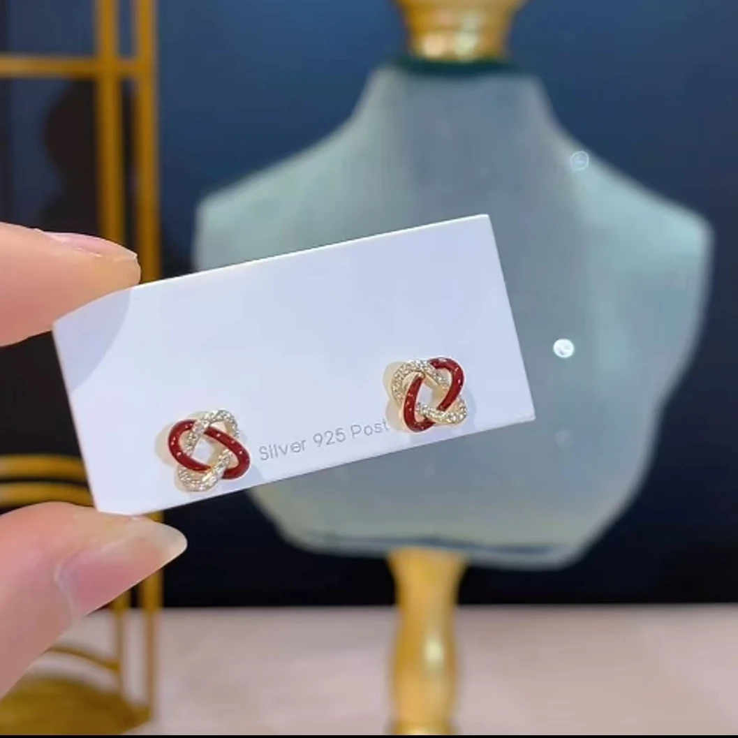 铜合金耳饰 铜合金耳饰  925银针红色环绕耳钉百搭时尚甜美轻奢