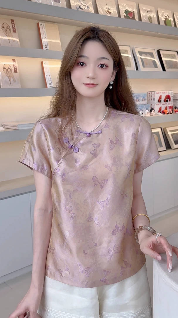【缎上蝶华】 桑蚕丝国风新中式显瘦流光缎蝴蝶花纹小衫25259