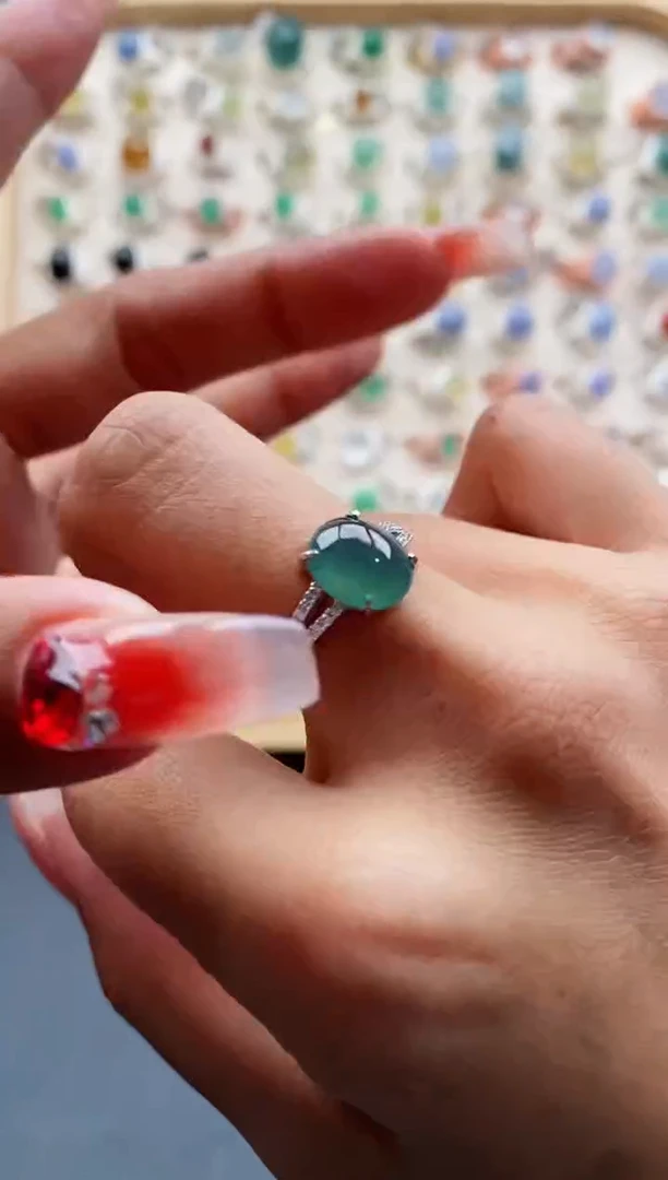 【闪购商品】翡翠戒指银S925镶嵌缅甸天然A货翡翠444  2-2