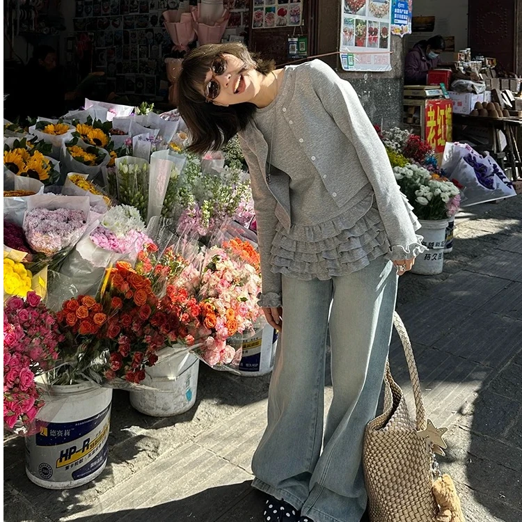 （蜜果松塔）甜美简约春季假两件开衫2025新款显瘦木耳边上衣C370