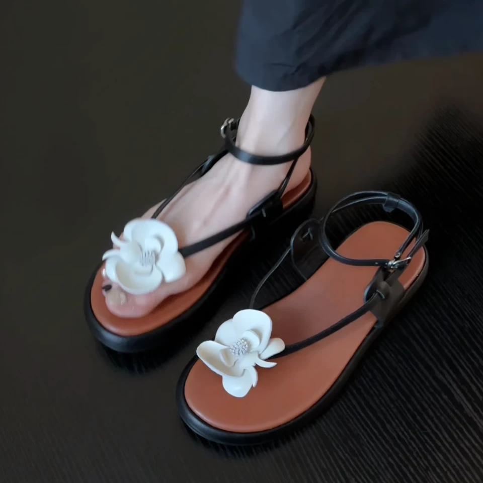 Pokoy-2.5cm法式复古圆头一字带凉拖鞋新款百搭露趾凉鞋