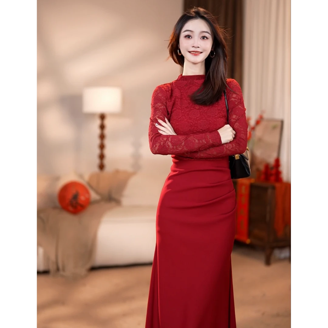 【之之】玫瑰蕾丝 长款气质优雅大气连衣裙-ZX854