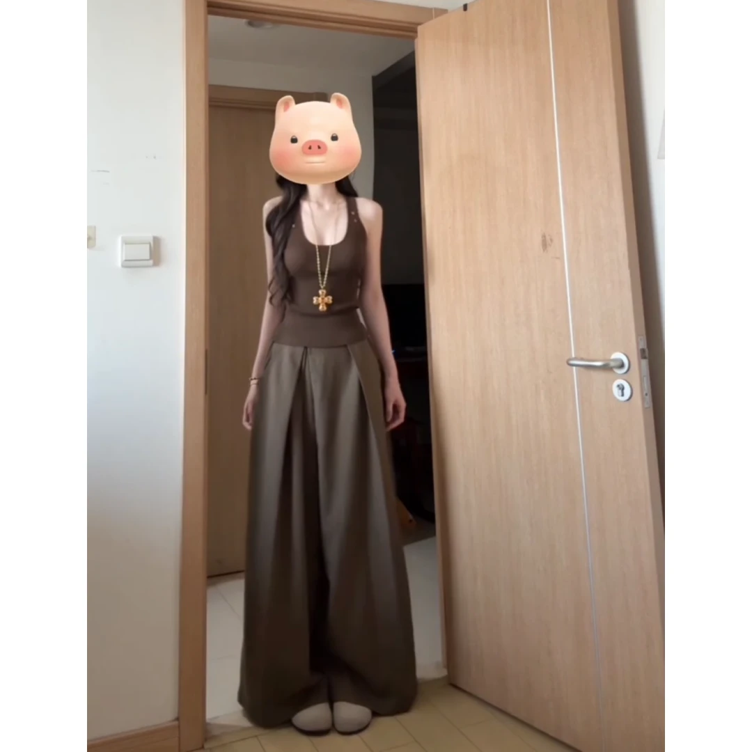 辣妹高级感咖色吊带背心女夏季内搭设计感小众无袖上衣休闲裤套装