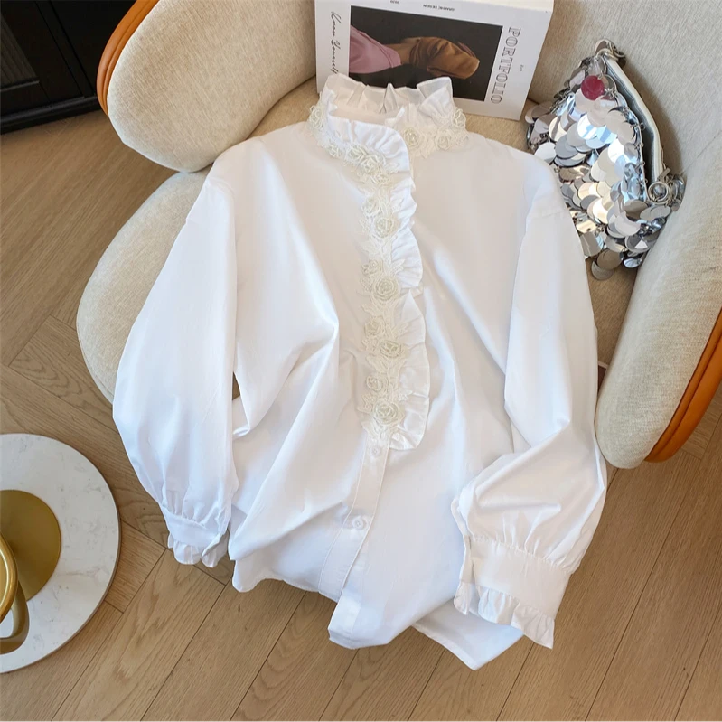 立体玫瑰花朵长袖2025春季新款轻奢高级感立领木耳边简约百搭衬衫