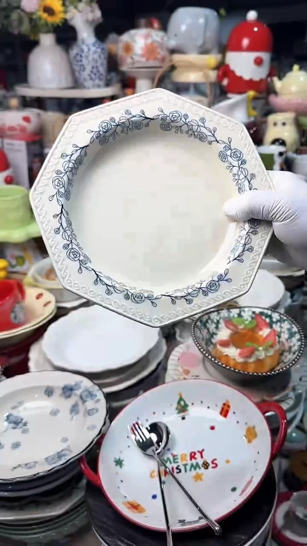 陶瓷蓝玫瑰八角深盘微瑕 凑满20元包邮