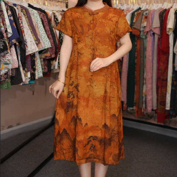 断码 金色山水画立领短袖连衣裙0594