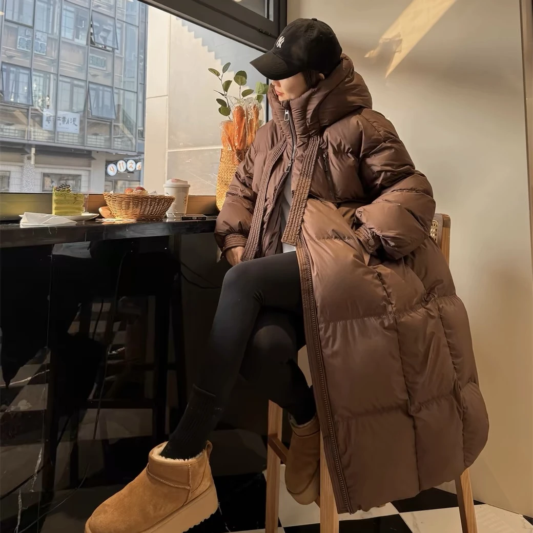 韩版加厚白鸭绒大被子羽绒服女长款宽松百搭简约连帽加厚保暖外套