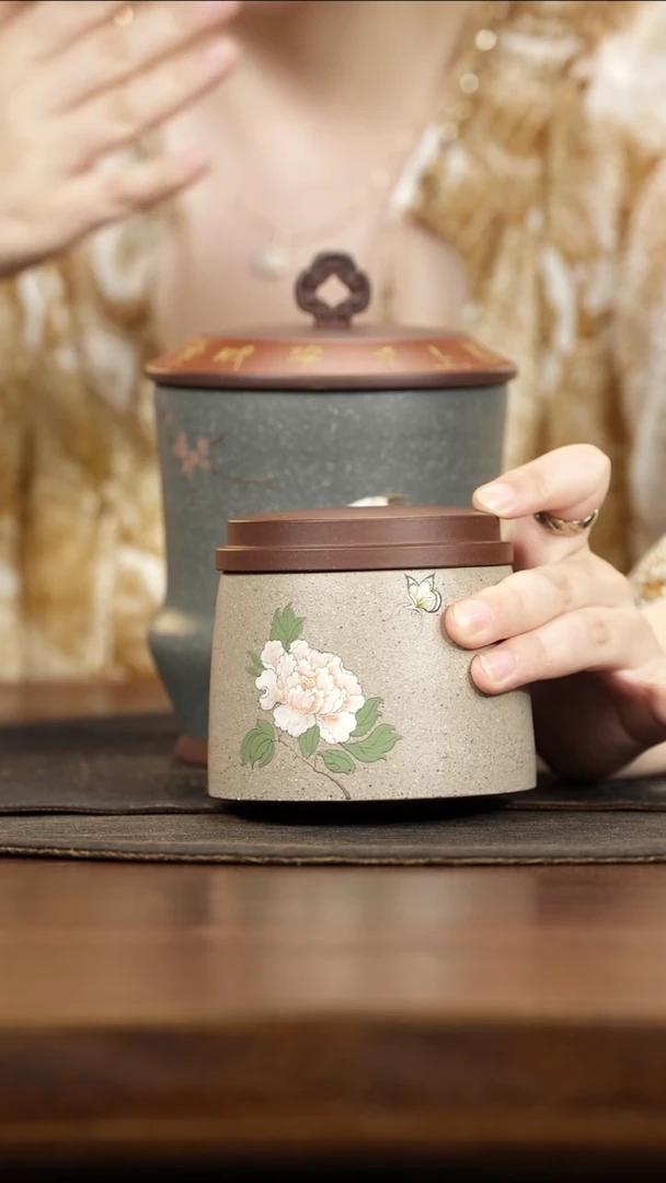 紫砂茶叶罐君*兰小罐定窑白泥绘牡丹蝴蝶