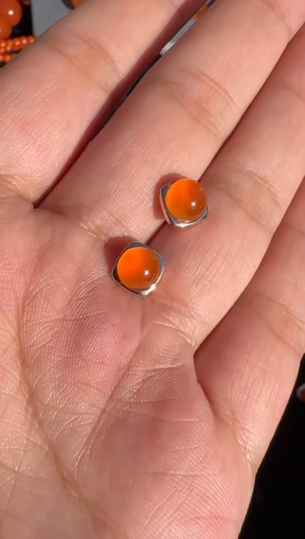 银S925镶嵌南红玛瑙耳坠原矿无优化南红耳坠一对