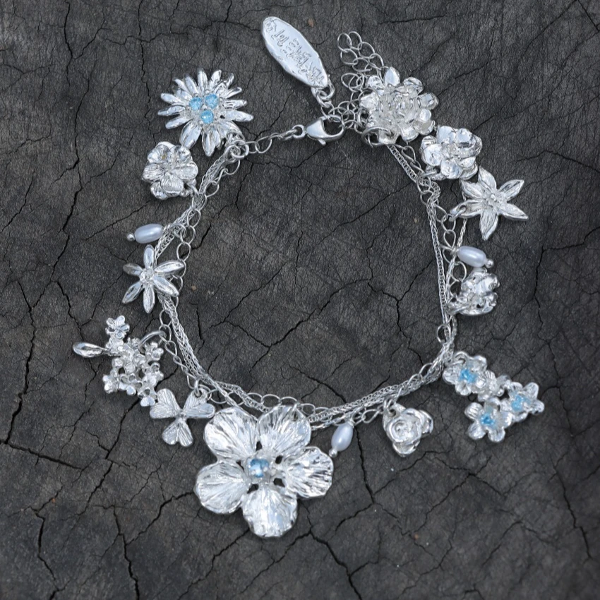 东黑三白 925银手链 冽冽霜飞百花香 s930银原创中式步摇百搭手链