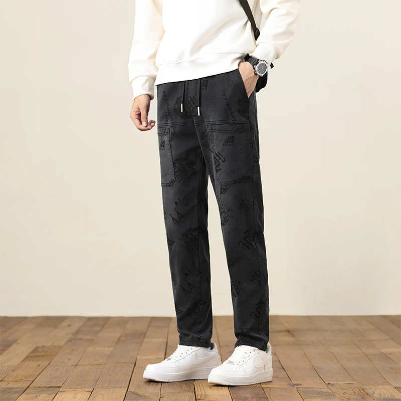 秋冬新款厚款提花男士休闲裤百搭六兜潮流透气直筒款大码弹力裤子