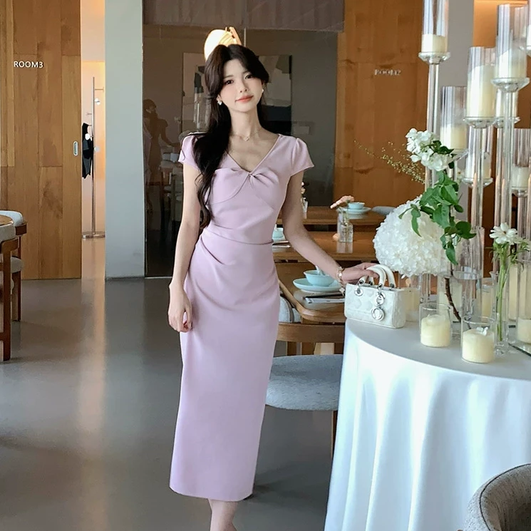 佐佐家小个子扭结V领高腰显瘦长裙子夏季女气质高级感收腰连衣裙