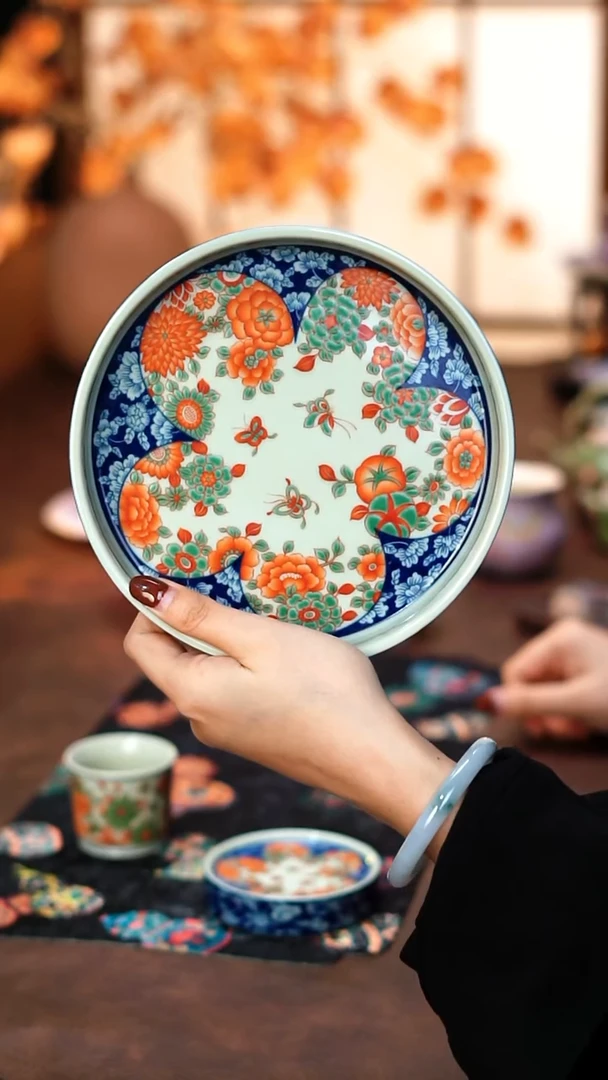 陶栖堂青花红绿彩壶承