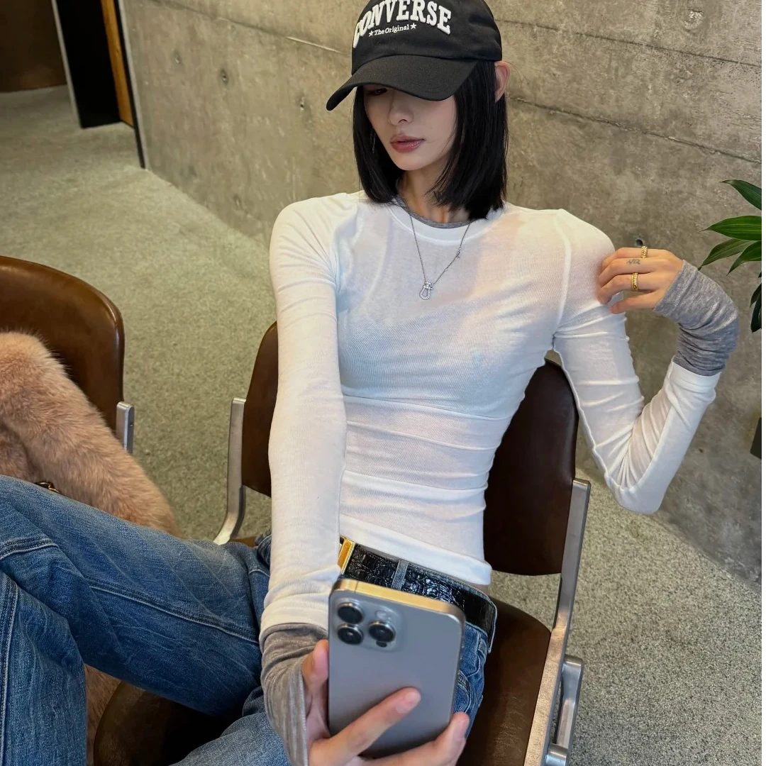 长袖紧身内搭上衣洋气休闲百搭气质显瘦性感辣妹上衣牛仔长裤套装