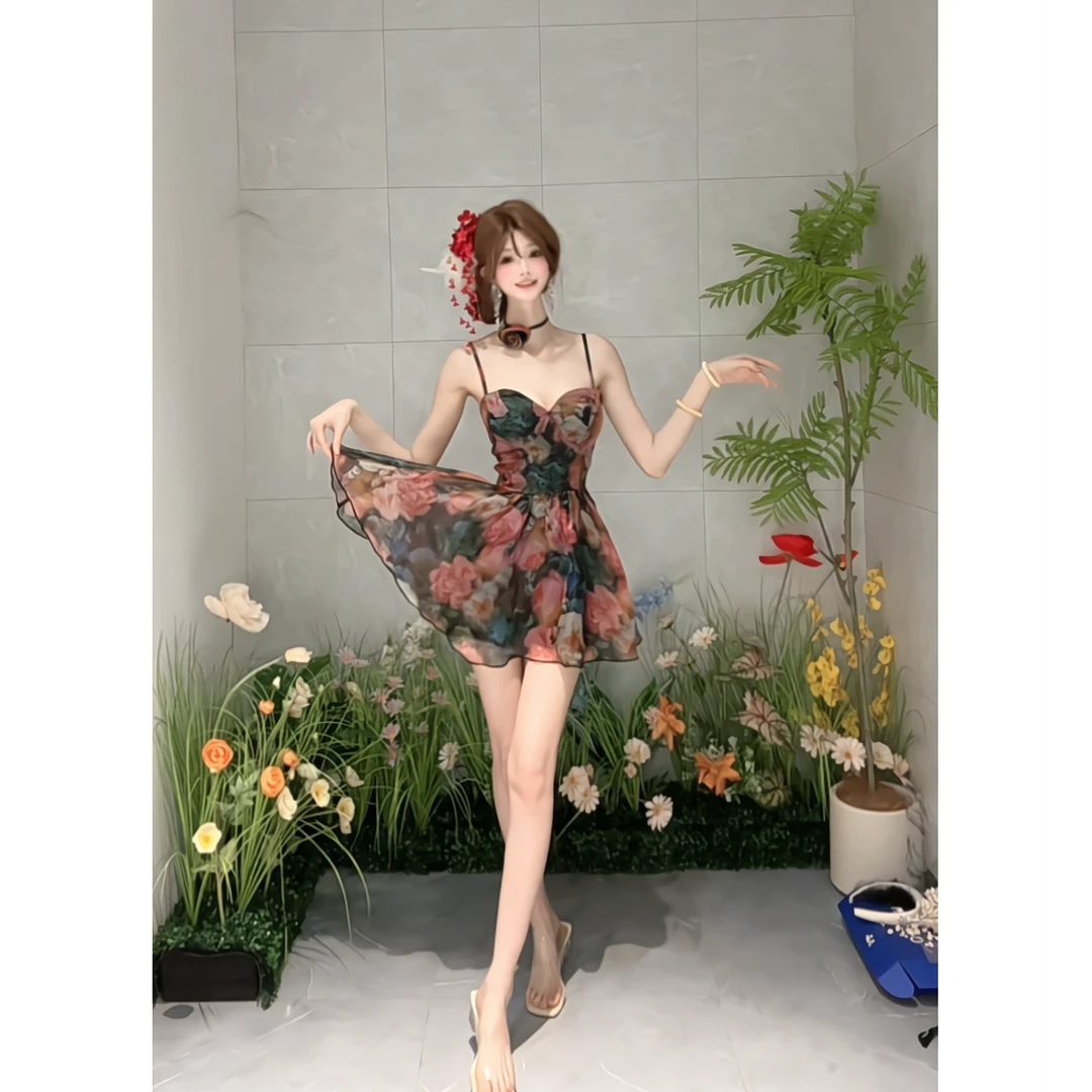 白白【花漾涧】茶歇海边度假风玫瑰印花裙子LXYYN50532