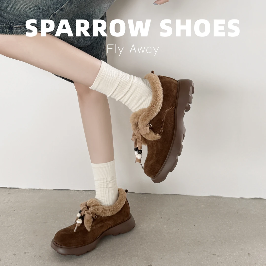 【山雀设计】牛皮羊羔绒内增高单鞋圆头厚底冬季款真皮保暖毛毛单鞋