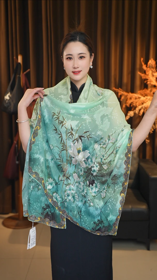 xys-196【竹林荷花】新中式剪花高定国风丝巾 70×180左右