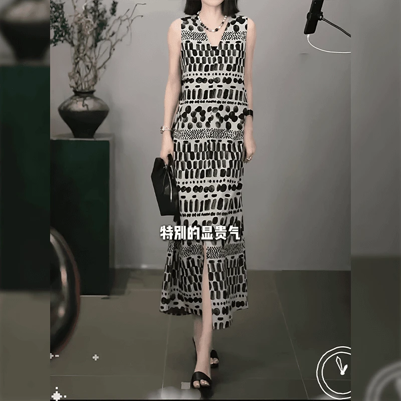 夏季波西米亚休闲风时尚无袖连衣裙女莱赛尔亚麻混纺几何印花长裙