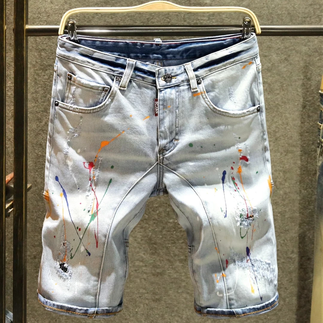 Cebrodz浅色短裤男夏季破洞潮流韩版牛仔五分裤个性拼接油漆潮牌