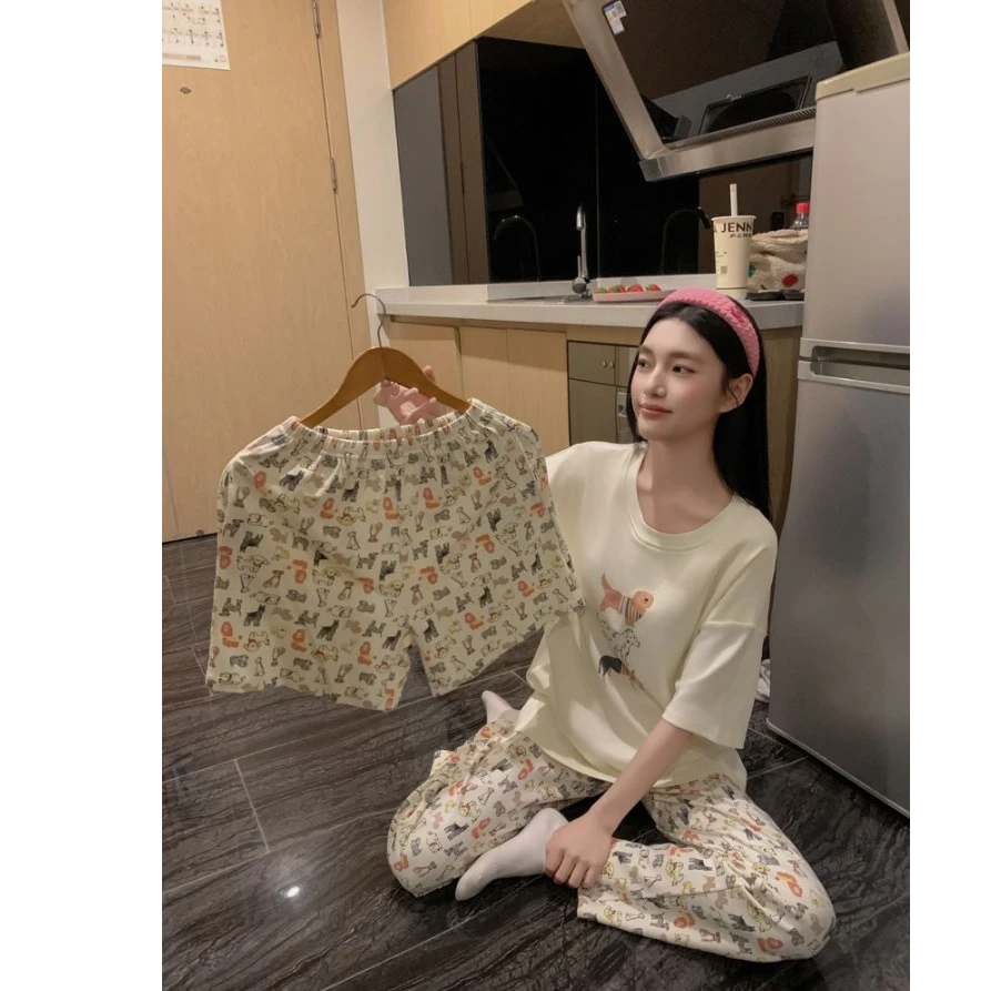 新款三件套带杯垫短袖短裤长裤氛围家居服睡衣2221