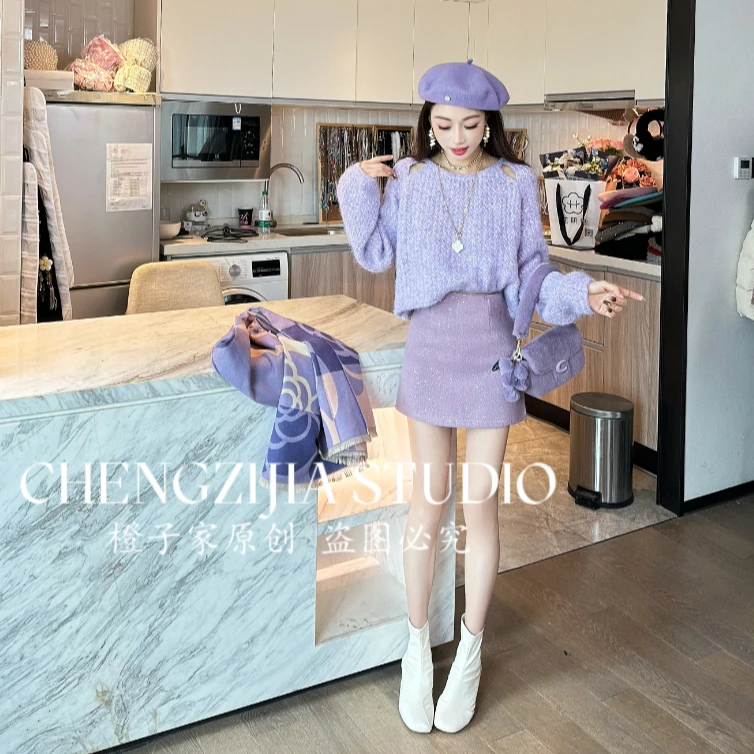 【裴诗婷】橙子·studio 【风信紫】MY0644破洞圆领减龄毛衣