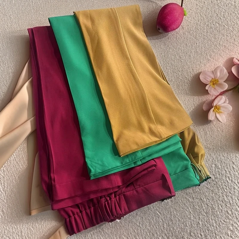 彩色微喇时尚浪漫微弹力女裤显瘦长裤薄款夏季洋气夏装