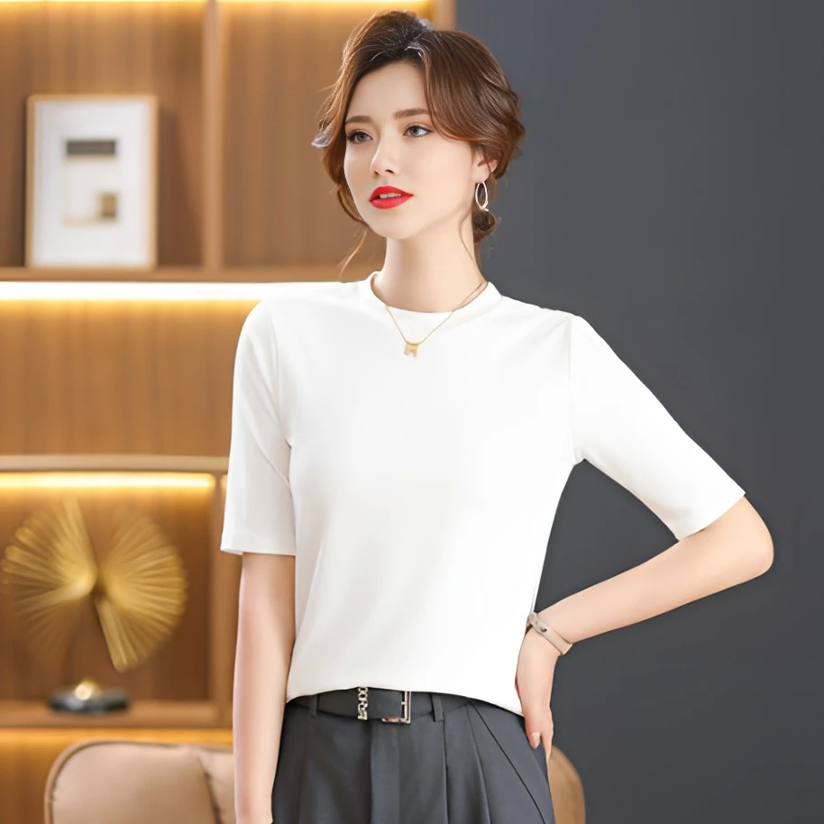 时尚百搭小立领弹力棉基础款中袖显瘦遮肉气质半袖T恤上衣6636