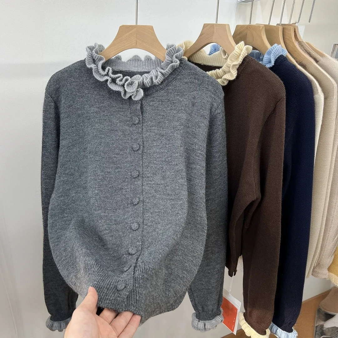 2025秋冬新款韩系慵懒风木耳领高级设计感气质小众百搭针织开衫女