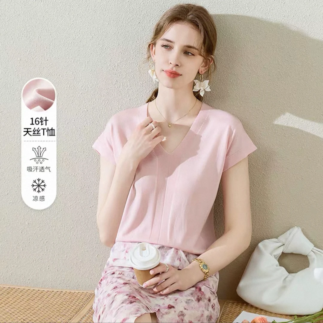 新款时尚气质百搭夏季莱赛尔天丝女士短袖v领休闲