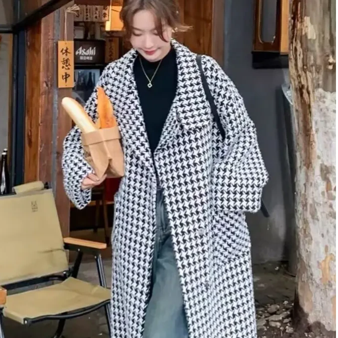 韩系千鸟格高级感毛呢外套女