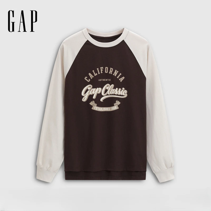 Gap女装2025秋季新款纯棉印花logo撞色插肩长袖宽松上衣DR 829376