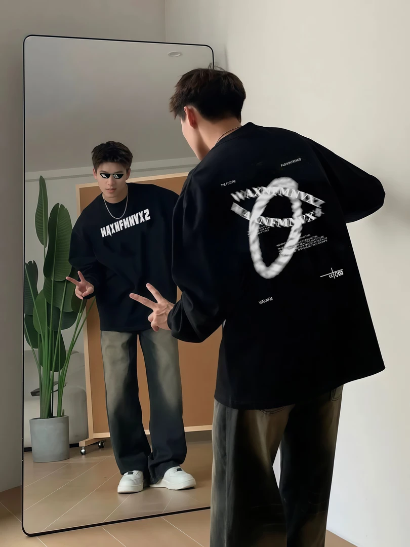 秋冬长袖纯棉高街潮牌T恤百搭休闲宽松男生圆领i美式ns重磅打底衫