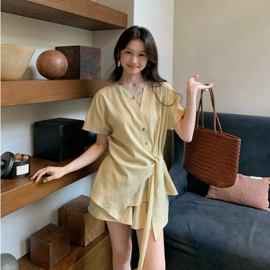 (两件套)韩系时尚高级复古优雅气质不规则绑带上衣+慵懒休闲裤女