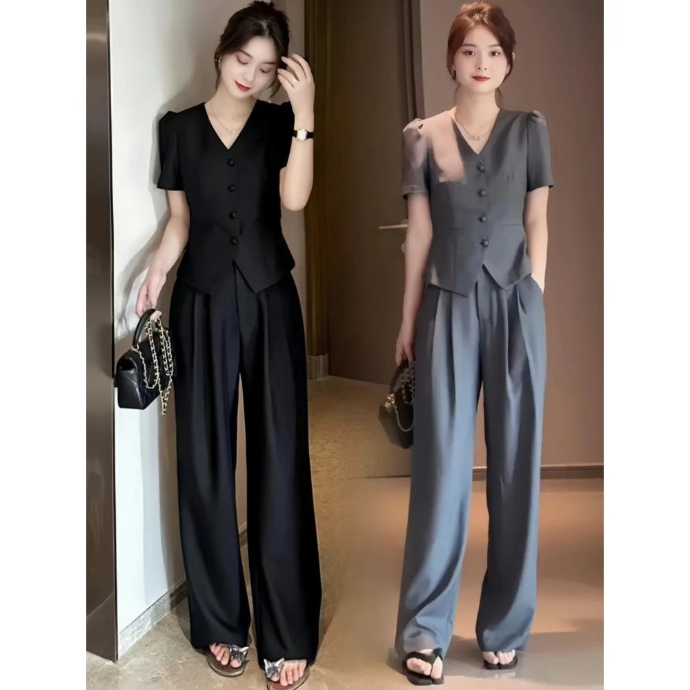 小个子轻奢时尚套装女夏季新款洋气短袖V领上衣阔腿裤气质两件套