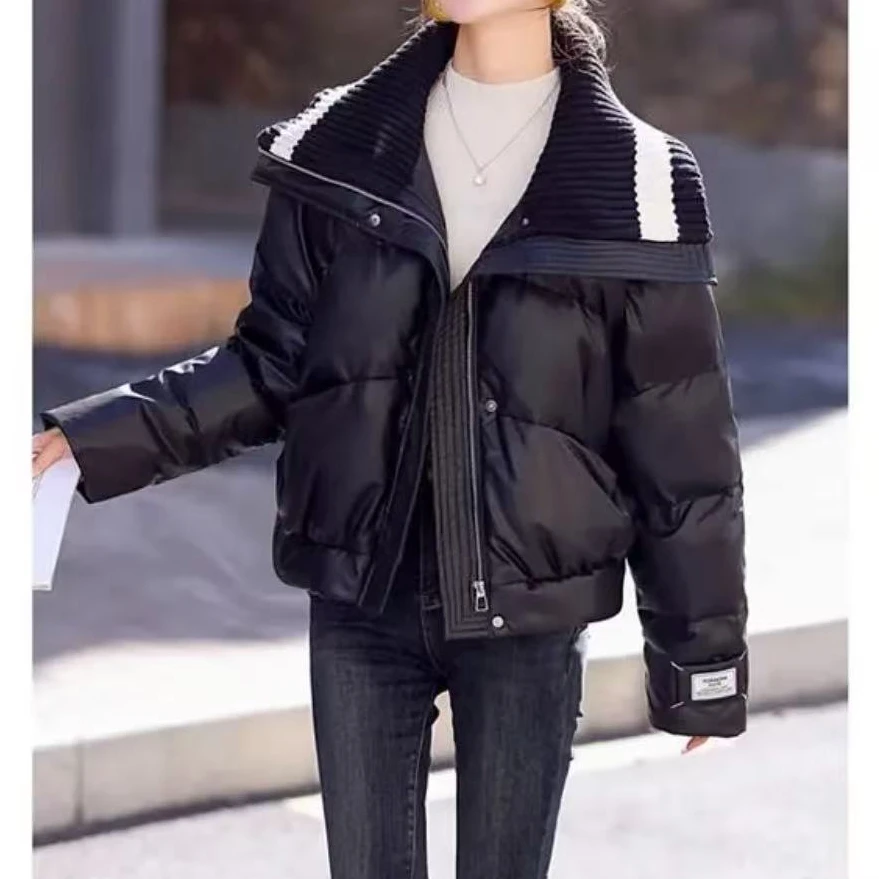 2024秋冬新款时尚短款针织拼接翻领棉衣小个子外套百搭813长50