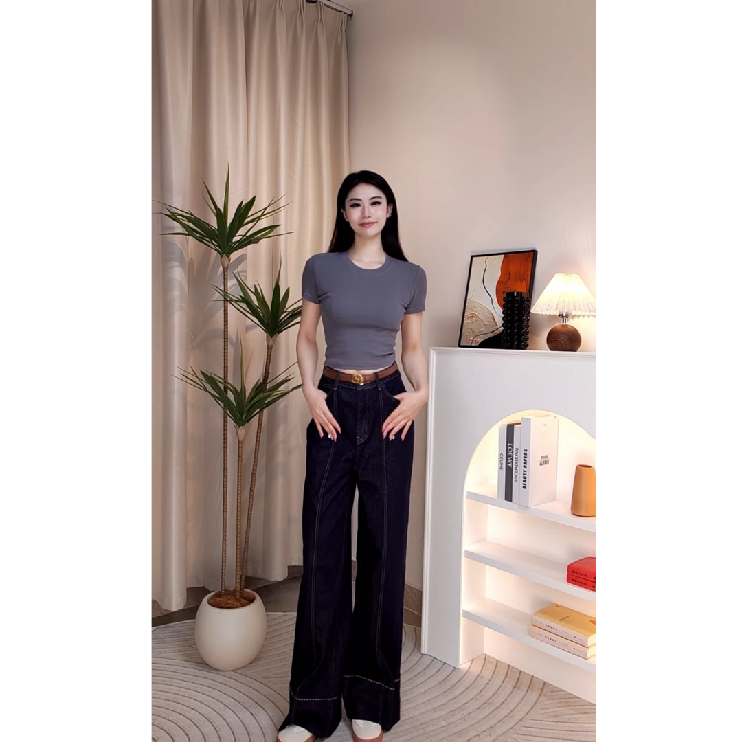 【yi琳专属】高奢设计直筒阔脚流行穿搭风格女装牛仔裤-YJ007