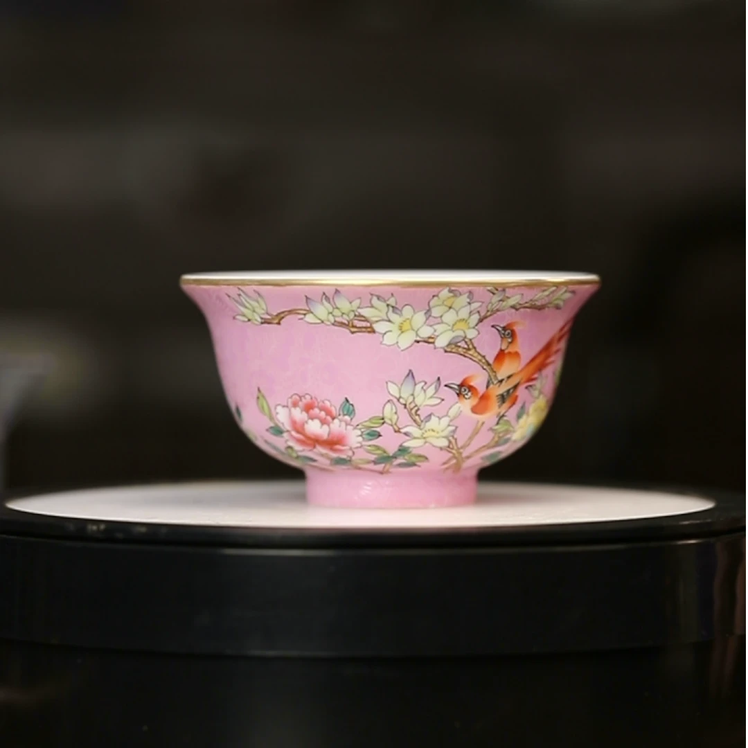 12.8/p03773/李祖强/粉色花鸟扒花压手杯