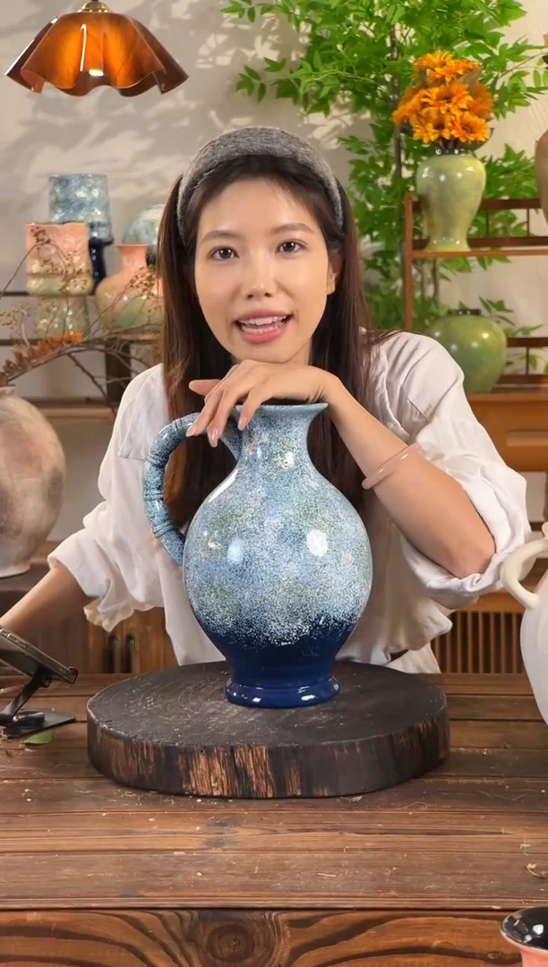 [蔚蓝海岸-圆口大肚提壶】桌面落地陶瓷花瓶干花鲜花客厅插花摆件