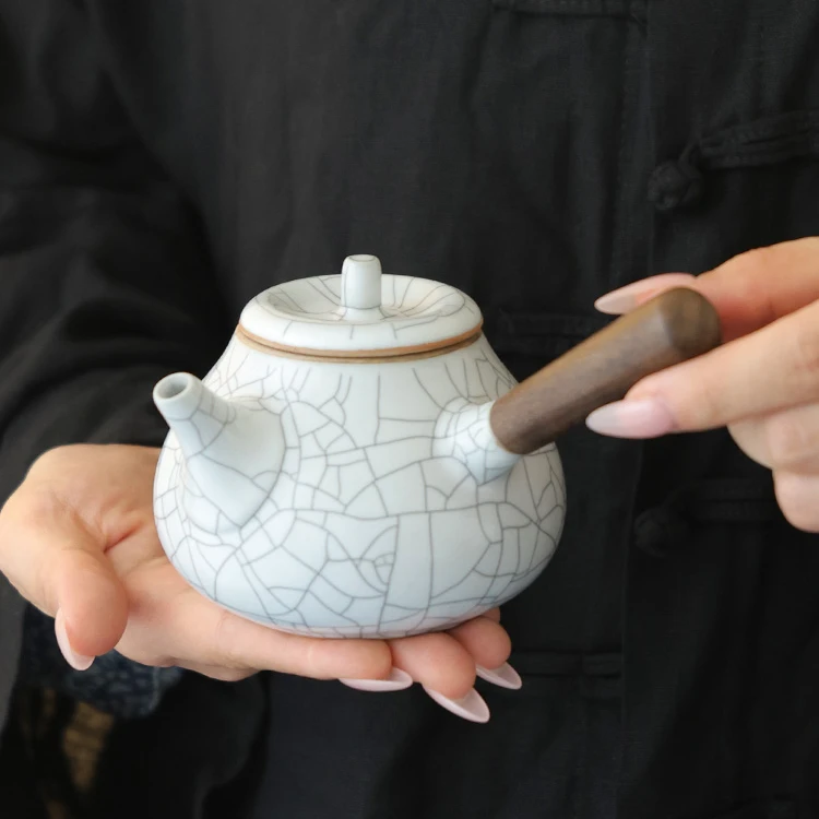 秋香茶具  月白汝窑墨线开片侧把壶-3845