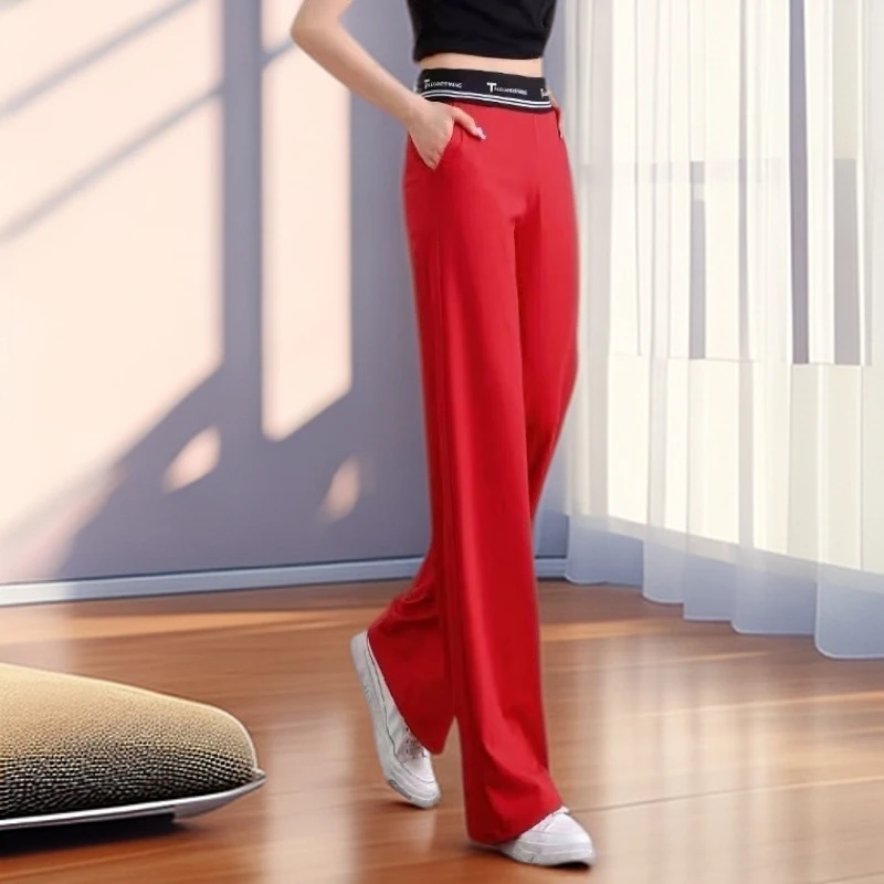 【雅岚女装】时尚洋气显瘦红色直筒裤女春秋夏字母高腰休闲女裤垂感